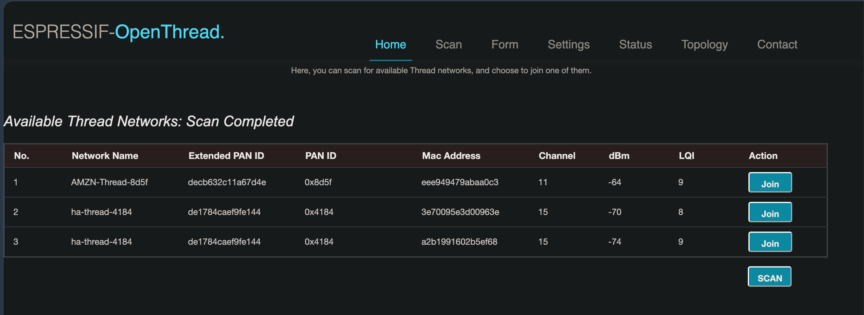 the ESP web UI scan: the Amazon network on channel 11, and two routers of the Home Assistant network on channel 15