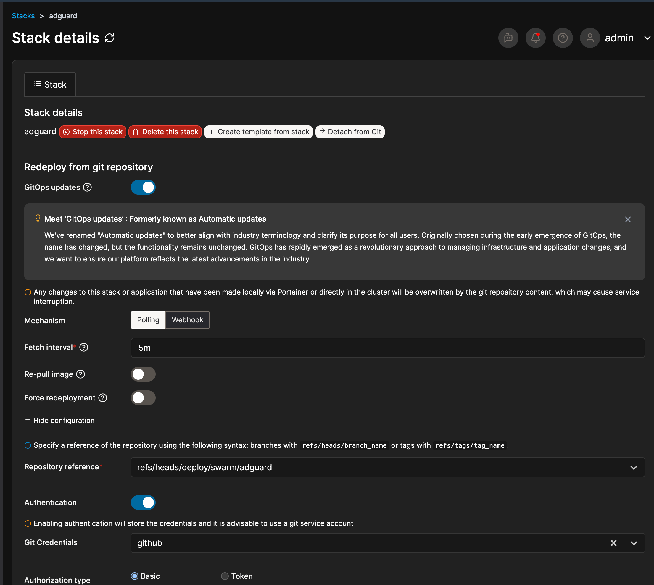 portainer stack details for adguard, gitops updates on, polling every 5m, watching refs/heads/deploy/swarm/adguard