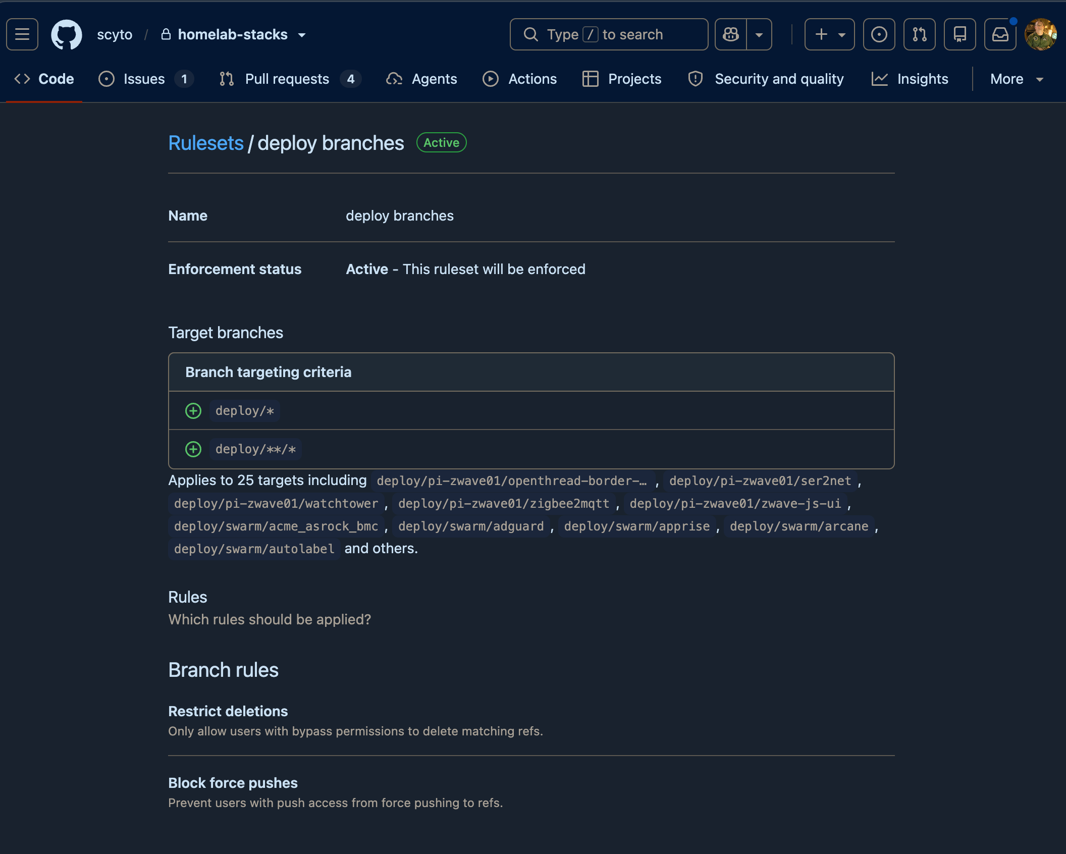 the deploy branches ruleset, both patterns listed, applying to 25 targets, restricting deletions and blocking force pushes