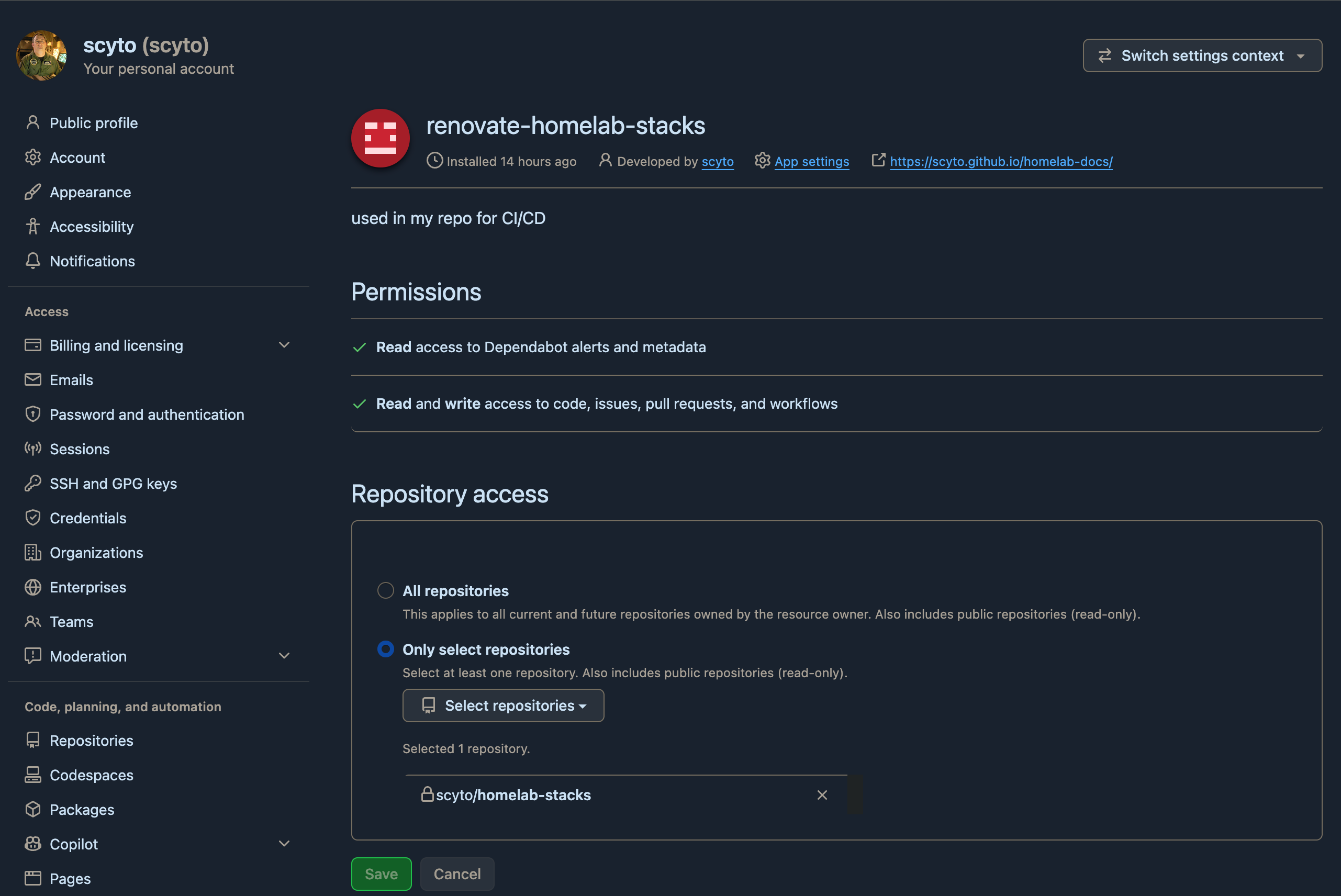 the installed app, showing read and write to code, issues, pull requests and workflows, scoped to one repository