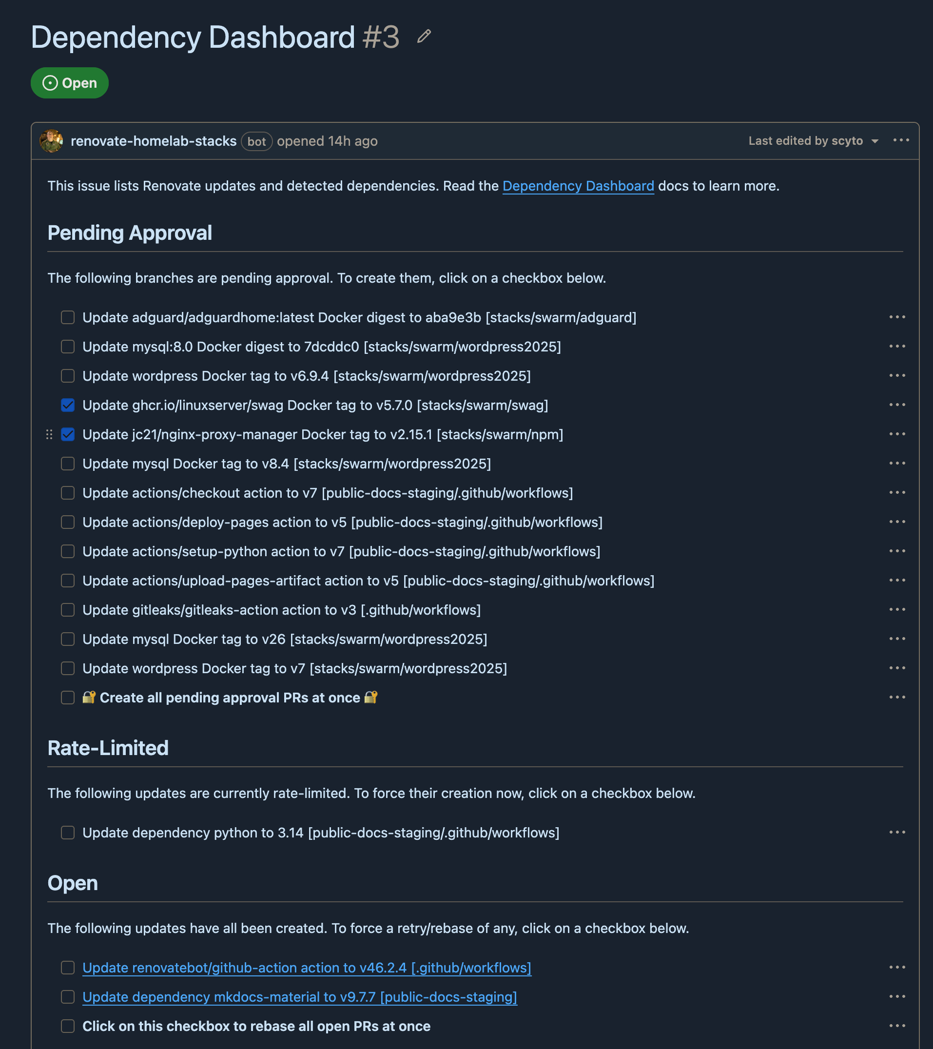 the dependency dashboard issue, pending approval items with two ticked
