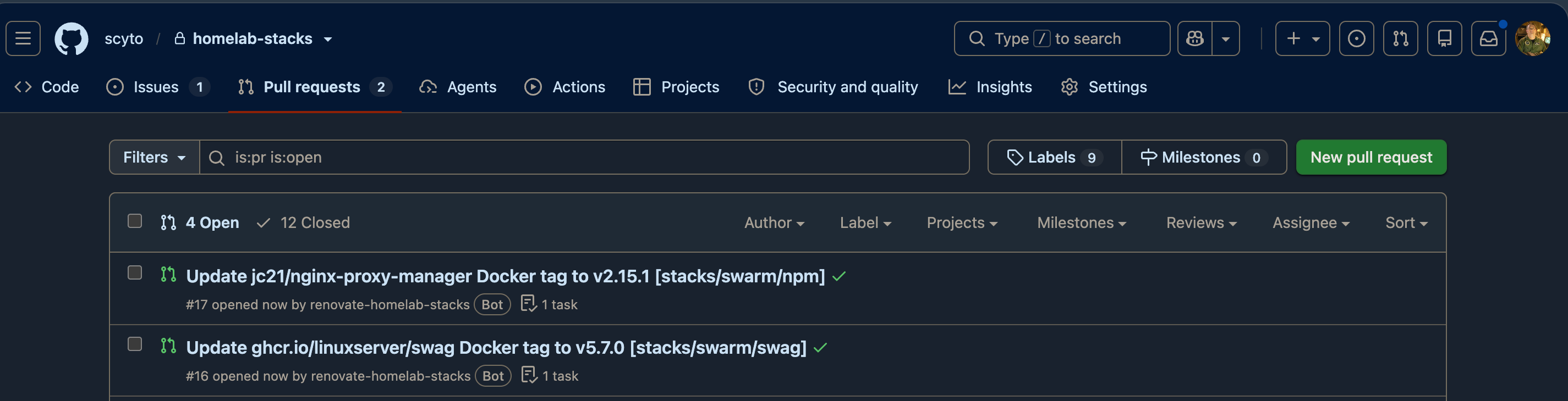 the open pull request list, each title carrying its stack directory