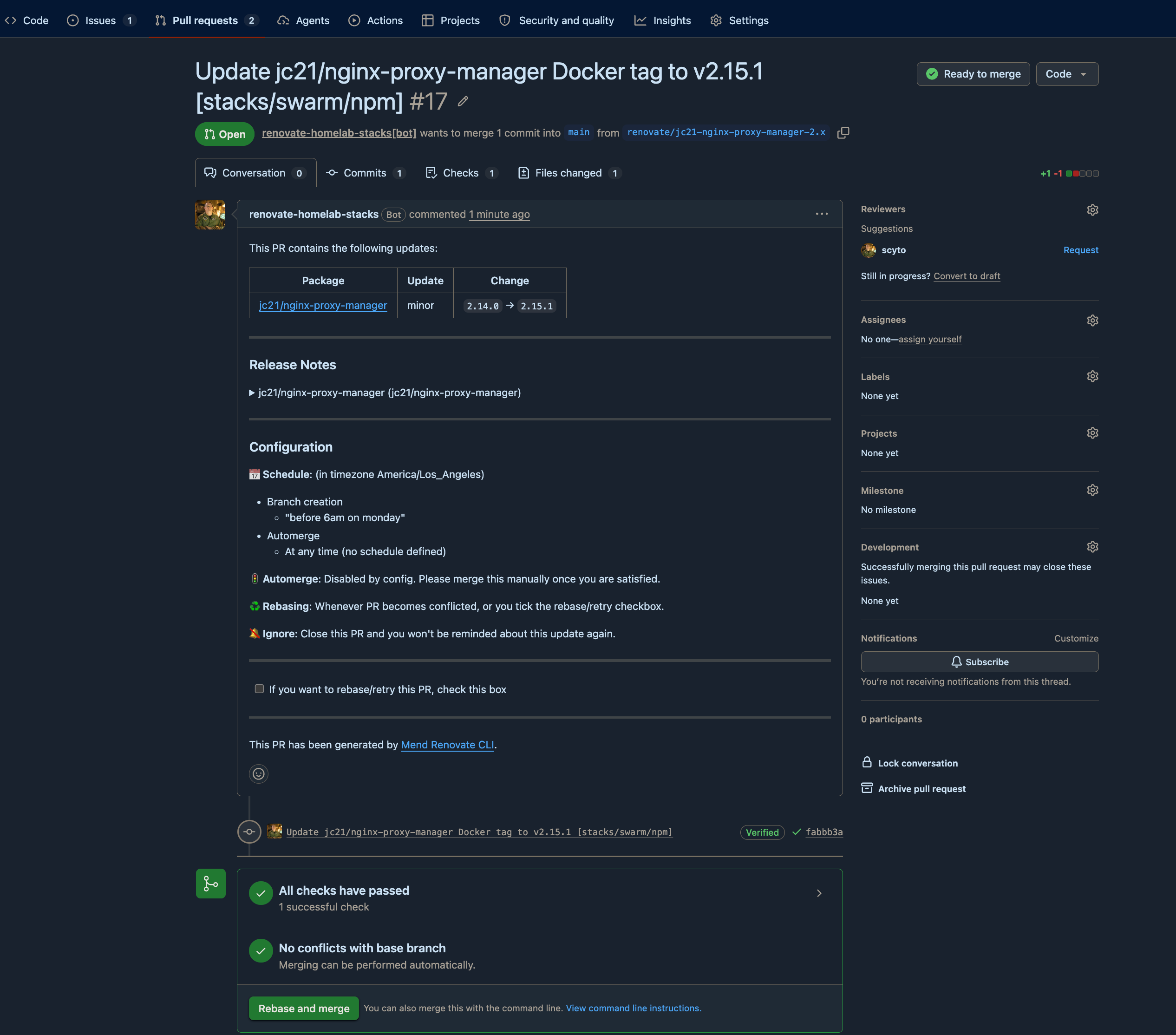 a renovate pull request, release notes, the config it used, and a green check