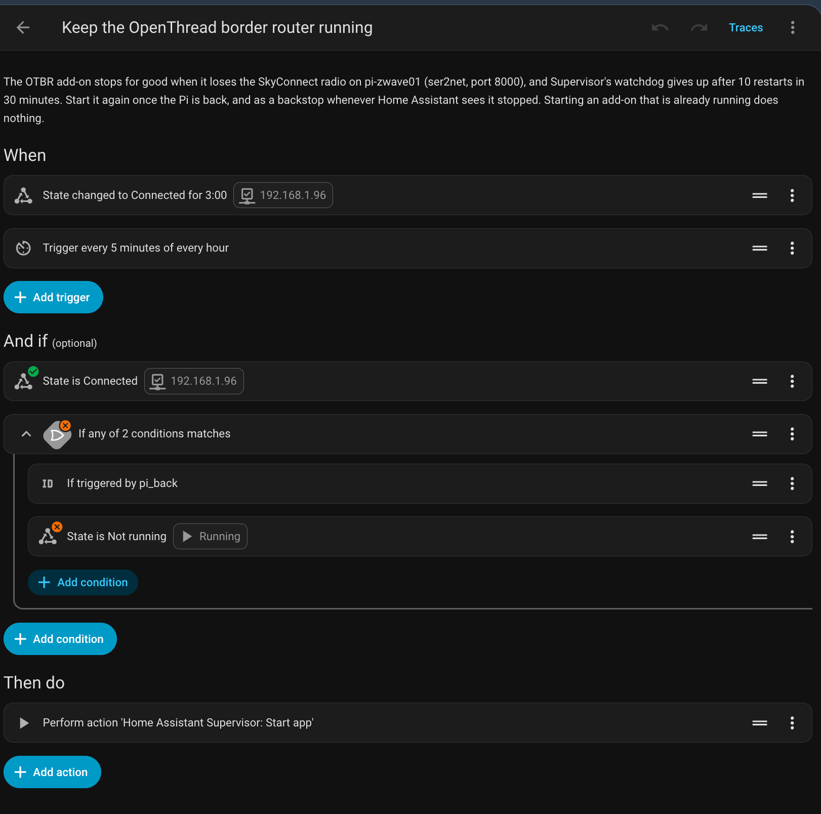 the automation in the editor: ping trigger for 3 minutes, a 5 minute time pattern, the pi reachable condition with a tick, and the or group with a cross because the add-on is running